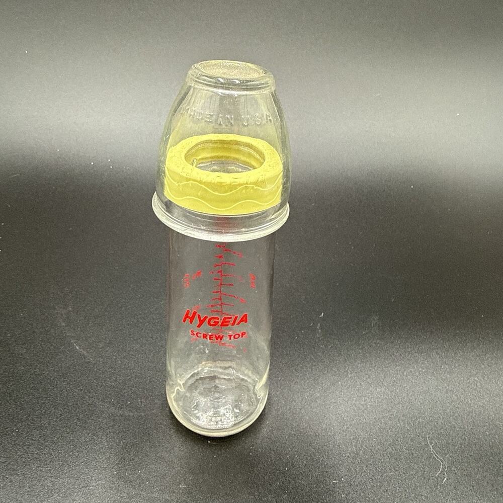 Vintage Hygeia Glass Baby Bottle Screw Top 8 Oz Feeder Yellow Ring USA